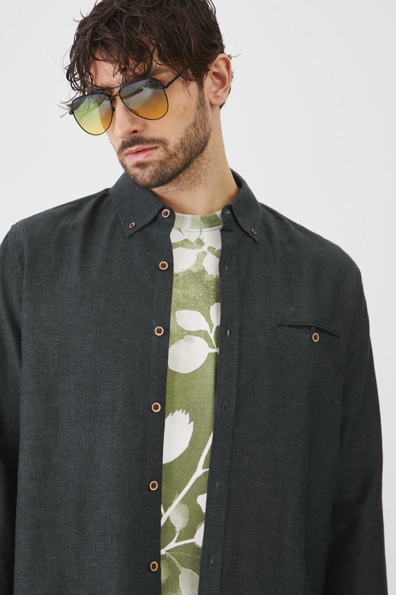 Koszula z lnem męska z kołnierzykiem button-down kolor zielony RS25-KDM050 zielony