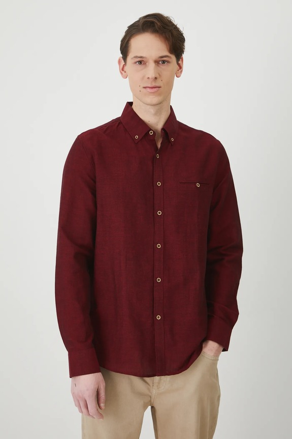 Koszula z lnem męska z kołnierzykiem button-down kolor bordowy długi bordowy RS25-KDM050