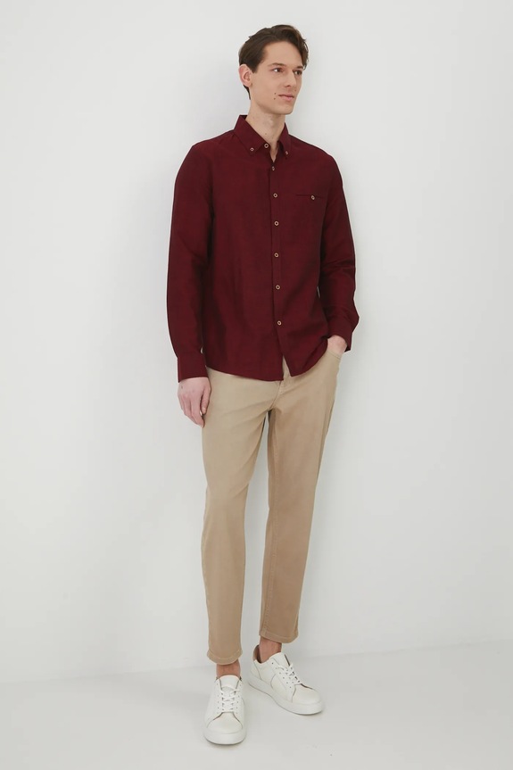 Koszula z lnem męska z kołnierzykiem button-down kolor bordowy RS25-KDM050 bordowy RS25