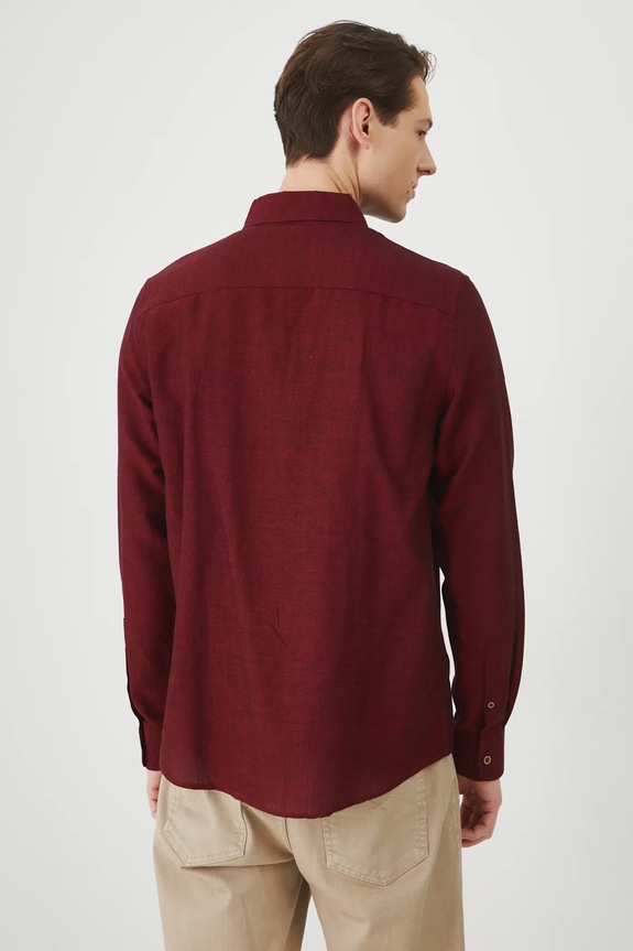 Odzież Koszula z lnem męska z kołnierzykiem button-down kolor bordowy RS25-KDM050 bordowy
