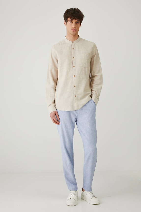 Koszula z lnem męska ze stójką kolor beżowy RS25-KDM070 beżowy RS25