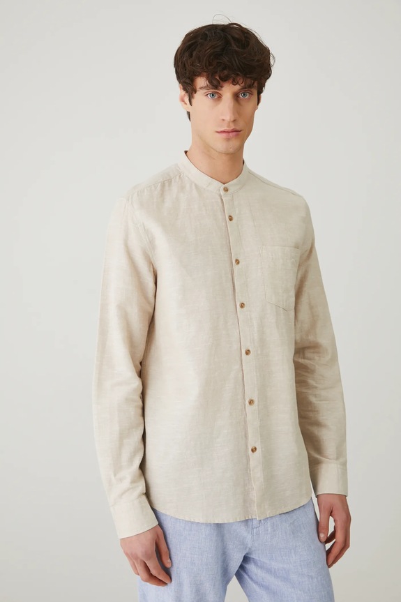Koszula z lnem męska ze stójką kolor beżowy beżowy RS25-KDM070