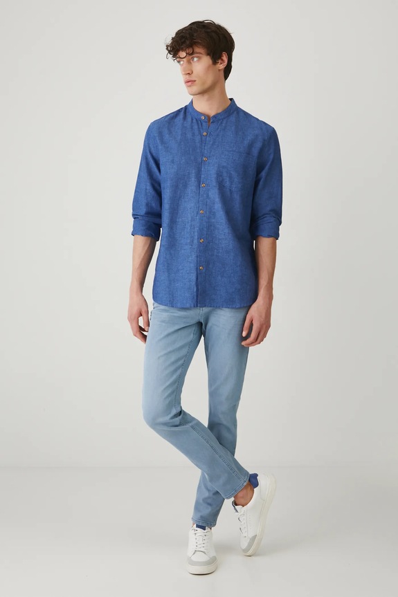 Medicine camicia di lino RS25-KDM070 blu RS25