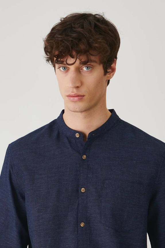 Koszula z lnem męska ze stójką kolor granatowy długi granatowy RS25-KDM070