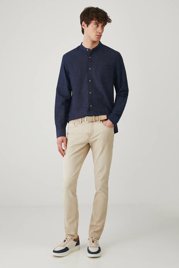 Koszula z lnem męska ze stójką kolor granatowy RS25-KDM070 granatowy RS25