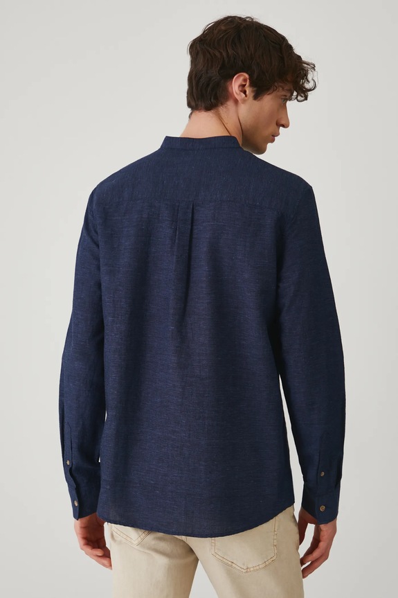 Odzież Koszula z lnem męska ze stójką kolor granatowy RS25-KDM070 granatowy