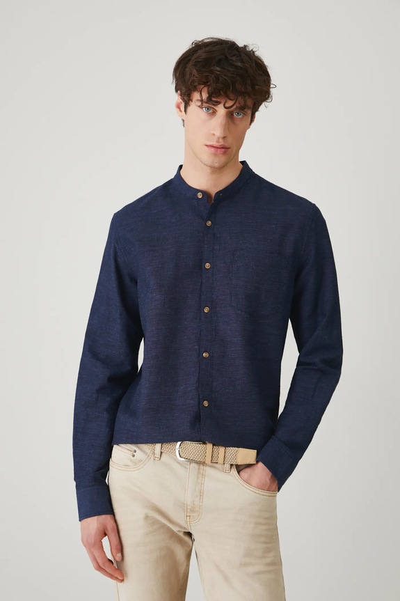 Koszula z lnem męska ze stójką kolor granatowy granatowy RS25-KDM070