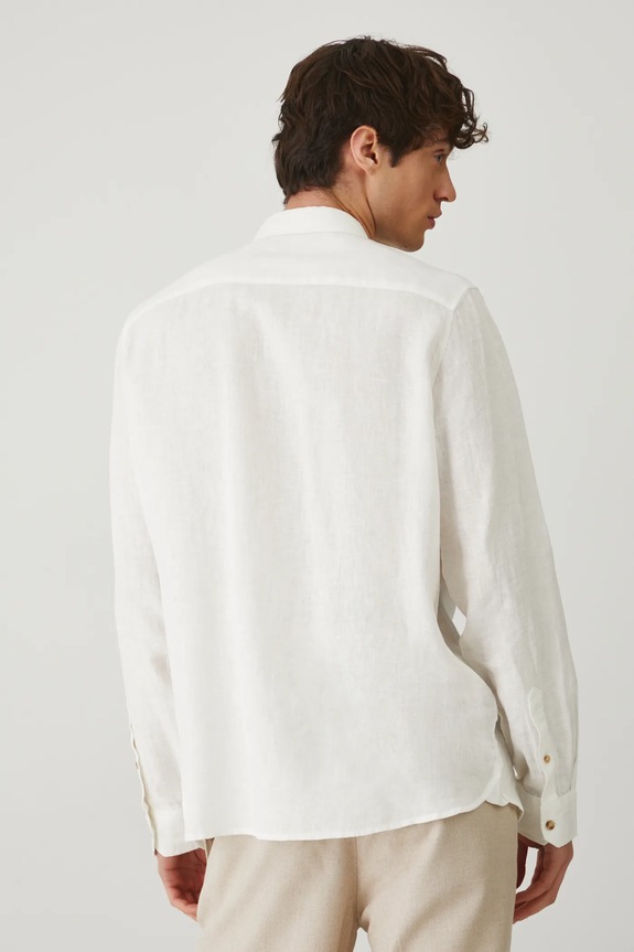 Odzież Koszula lniana męska z kołnierzykiem button-down kolor biały RS25-KDM071 biały