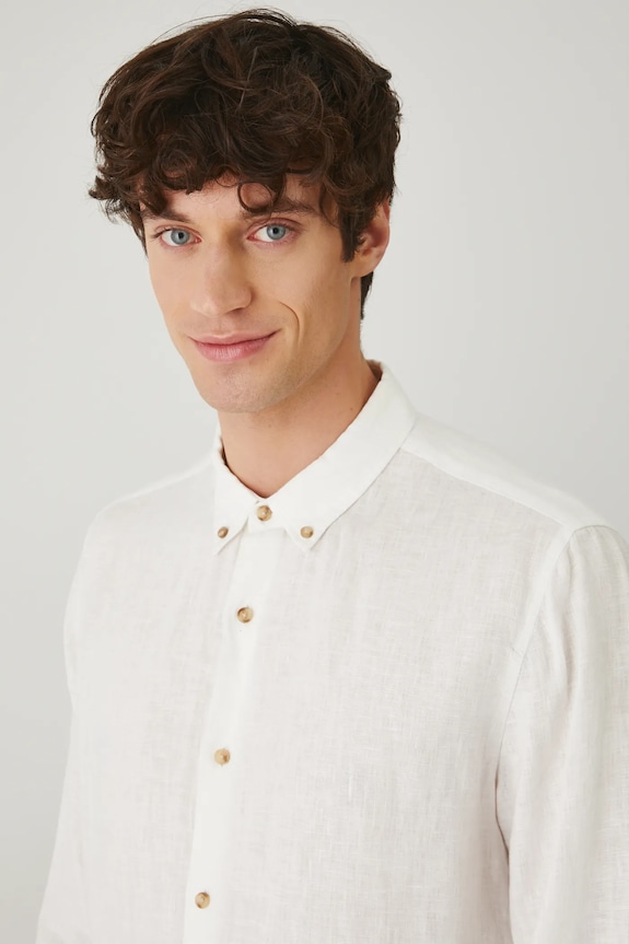 Koszula lniana męska z kołnierzykiem button-down kolor biały biały RS25-KDM071