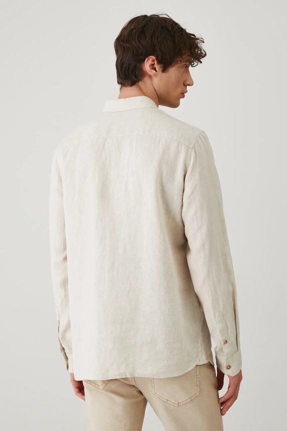 Odzież Koszula lniana męska z kołnierzykiem button-down kolor beżowy RS25-KDM071 beżowy