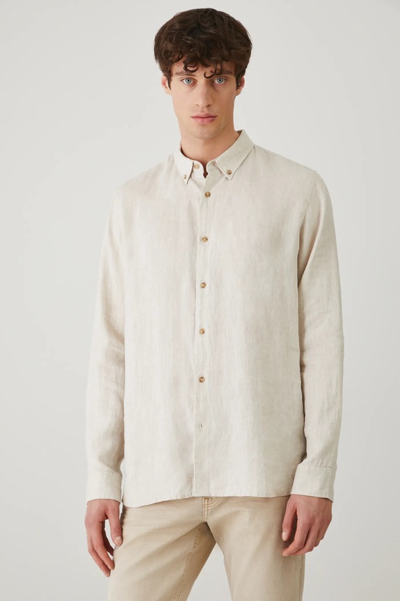 Koszula lniana męska z kołnierzykiem button-down kolor beżowy beżowy RS25-KDM071
