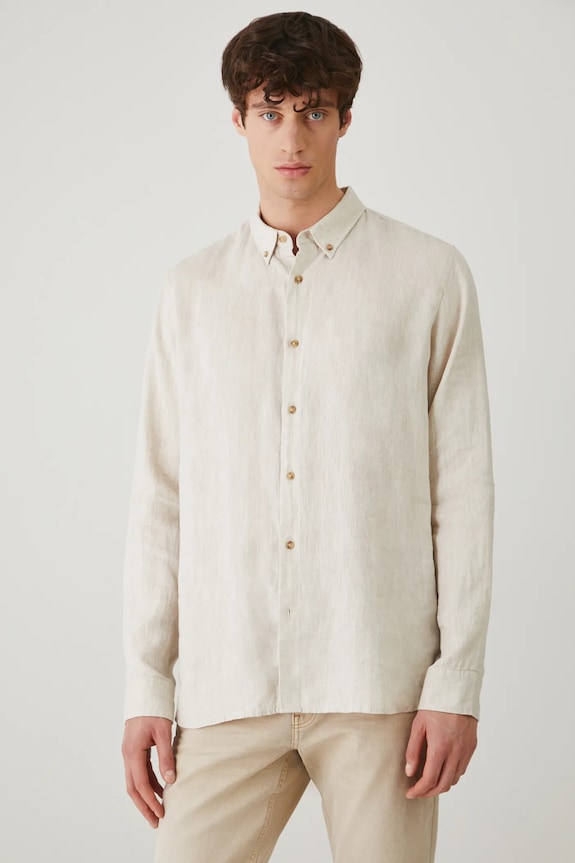 Koszula lniana męska z kołnierzykiem button-down kolor beżowy beżowy RS25-KDM071