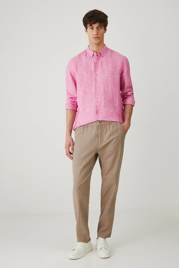 Koszula lniana męska z kołnierzykiem button-down kolor różowy RS25-KDM071 różowy RS25