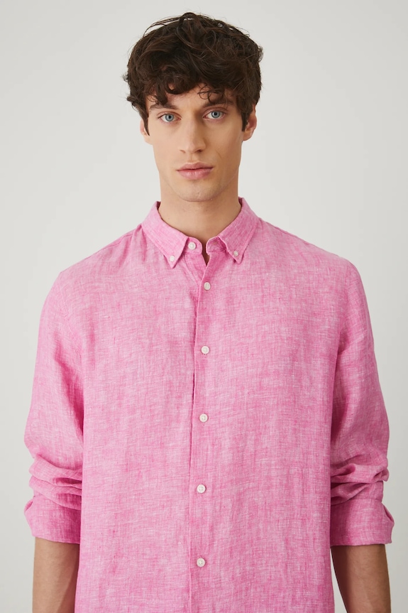 Koszula lniana męska z kołnierzykiem button-down kolor różowy różowy RS25-KDM071
