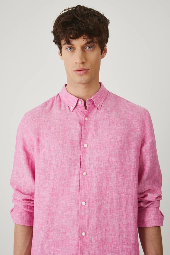 Koszula lniana męska z kołnierzykiem button-down kolor różowy różowy RS25-KDM071