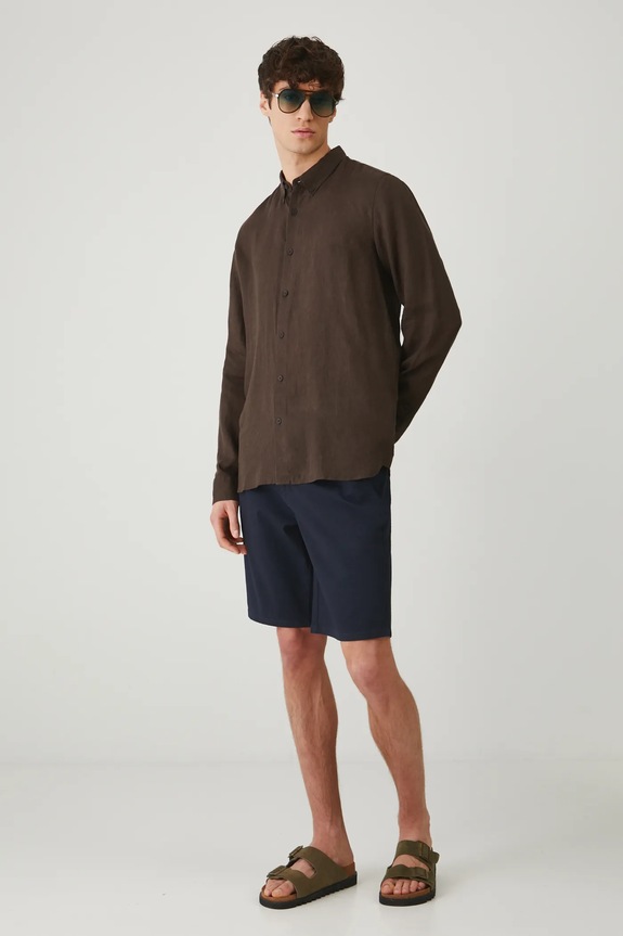 Koszula lniana męska z kołnierzykiem button-down kolor brązowy RS25-KDM071 brązowy RS25