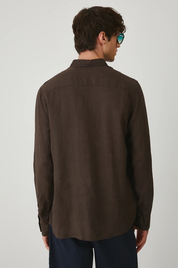 Odzież Koszula lniana męska z kołnierzykiem button-down kolor brązowy RS25-KDM071 brązowy