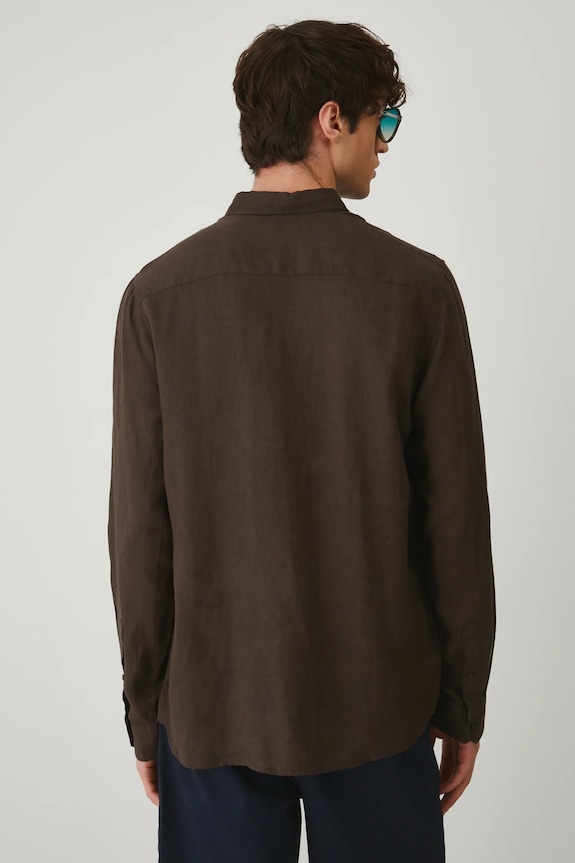 Odzież Koszula lniana męska z kołnierzykiem button-down kolor brązowy RS25-KDM071 brązowy