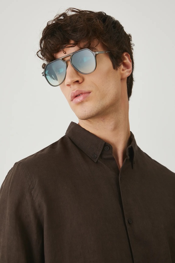 Koszula lniana męska z kołnierzykiem button-down kolor brązowy brązowy RS25-KDM071