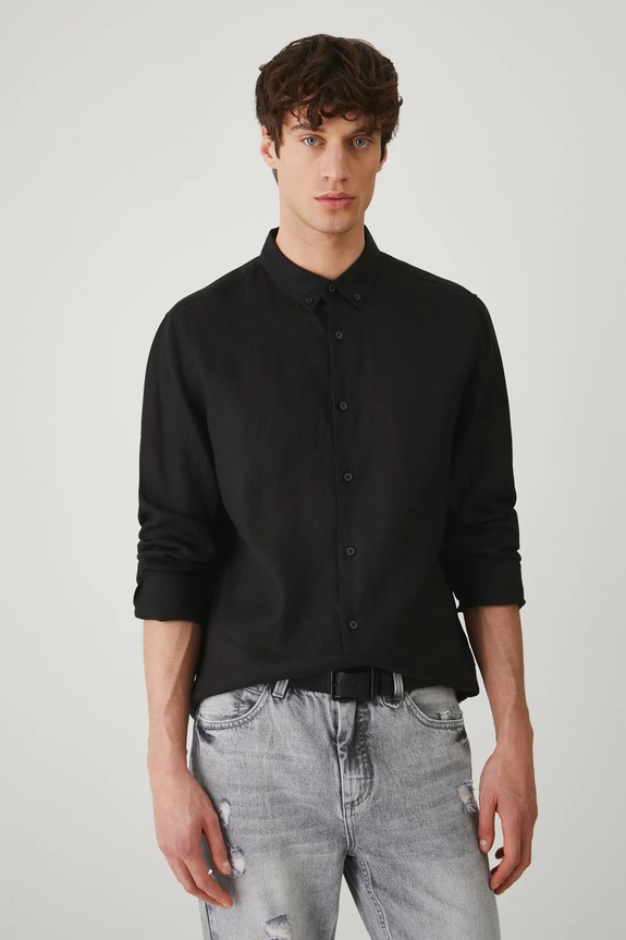 Koszula lniana męska z kołnierzykiem button-down kolor czarny długi czarny RS25-KDM071