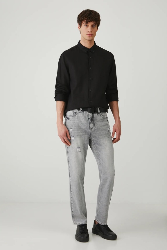 Koszula lniana męska z kołnierzykiem button-down kolor czarny RS25-KDM071 czarny RS25