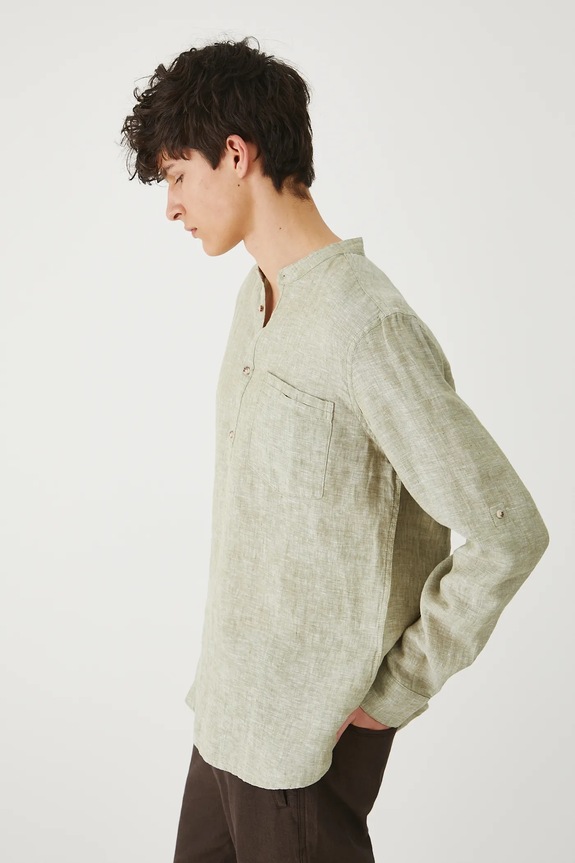 Koszula lniana męska ze stójką kolor zielony casual zielony RS25-KDMB02