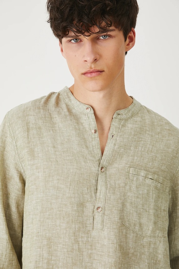 Koszula lniana męska ze stójką kolor zielony zielony RS25-KDMB02