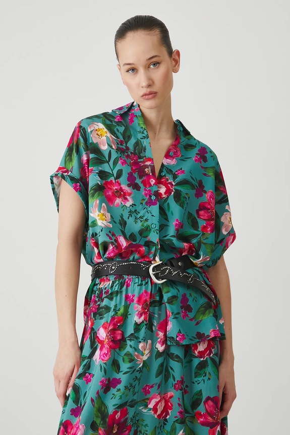 Koszula damska oversize wzorzysta kolor turkusowy casual turkusowy RS25-KKD071