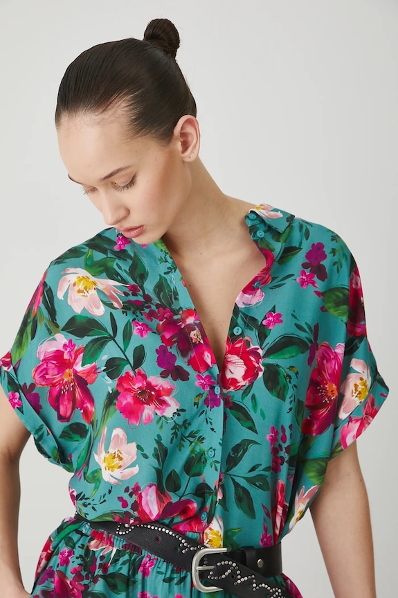 Koszula damska oversize wzorzysta kolor turkusowy RS25-KKD071 turkusowy