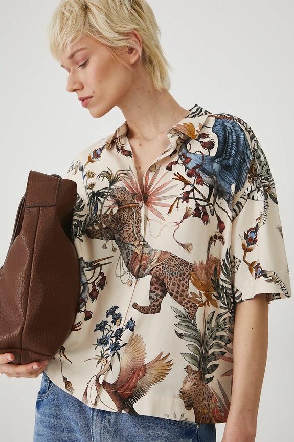 Košile s příměsí lnu dámská se vzorem béžová barva klasický béžová RS25-KKD803