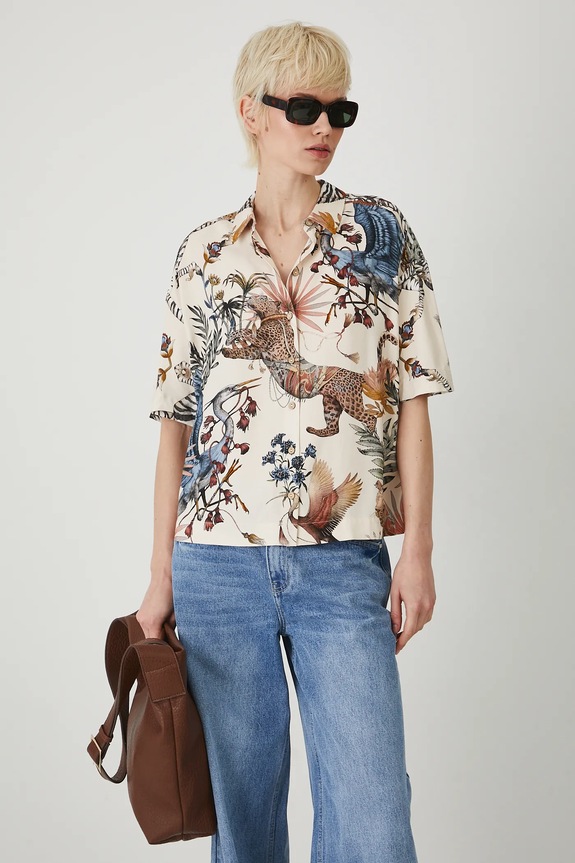 Košile s příměsí lnu dámská se vzorem béžová barva RS25-KKD803 béžová RS25