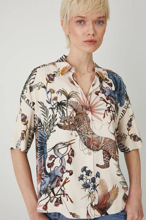 Košile s příměsí lnu dámská se vzorem béžová barva béžová RS25-KKD803