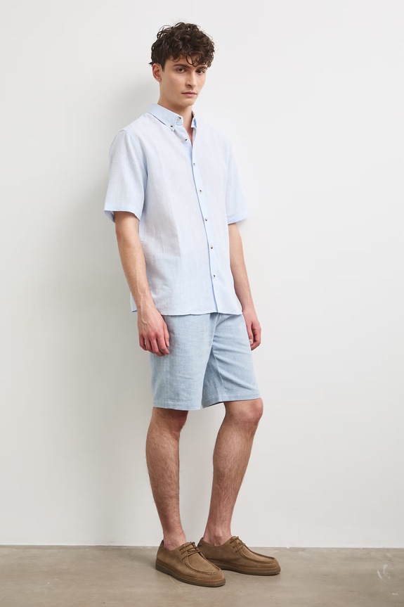 Koszula lniana męska z kołnierzykiem button-down kolor niebieski regular niebieski RS25-KKM070