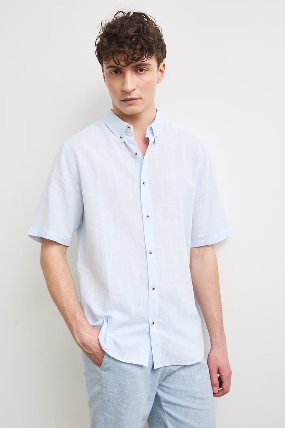 Koszula lniana męska z kołnierzykiem button-down kolor niebieski RS25-KKM070 niebieski RS25