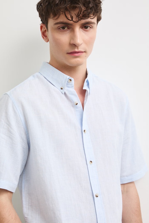 Koszula lniana męska z kołnierzykiem button-down kolor niebieski niebieski RS25-KKM070