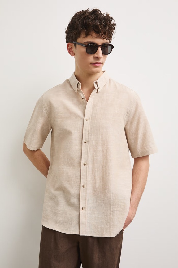 Koszula lniana męska z kołnierzykiem button-down kolor beżowy RS25-KKM070 beżowy RS25