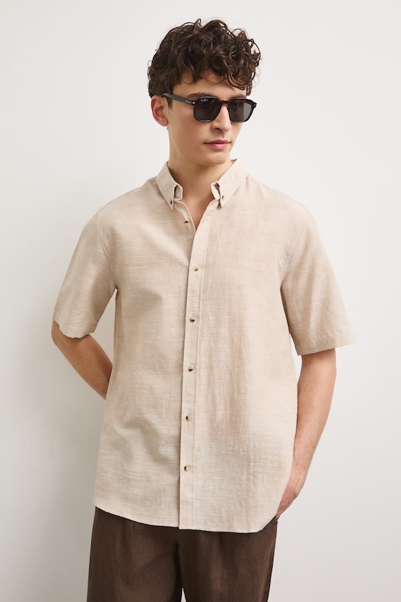 Koszula lniana męska z kołnierzykiem button-down kolor beżowy RS25-KKM070 beżowy RS25