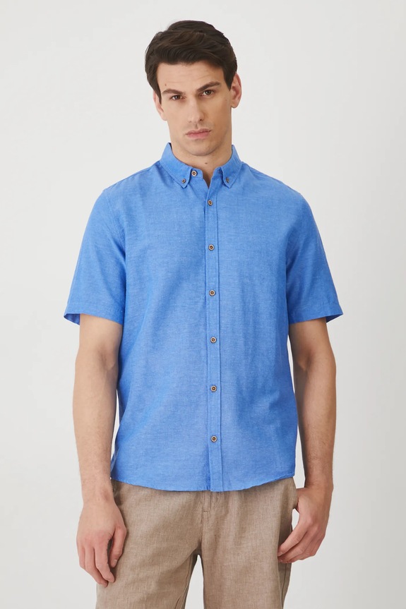 Koszula z lnem męska z kołnierzykiem button-down kolor niebieski regular niebieski RS25-KKM070