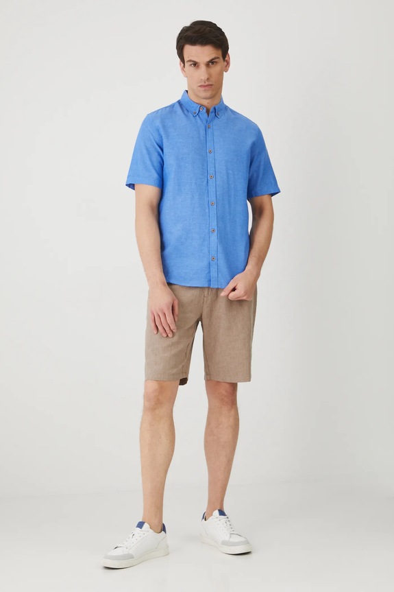 Koszula z lnem męska z kołnierzykiem button-down kolor niebieski RS25-KKM070 niebieski RS25