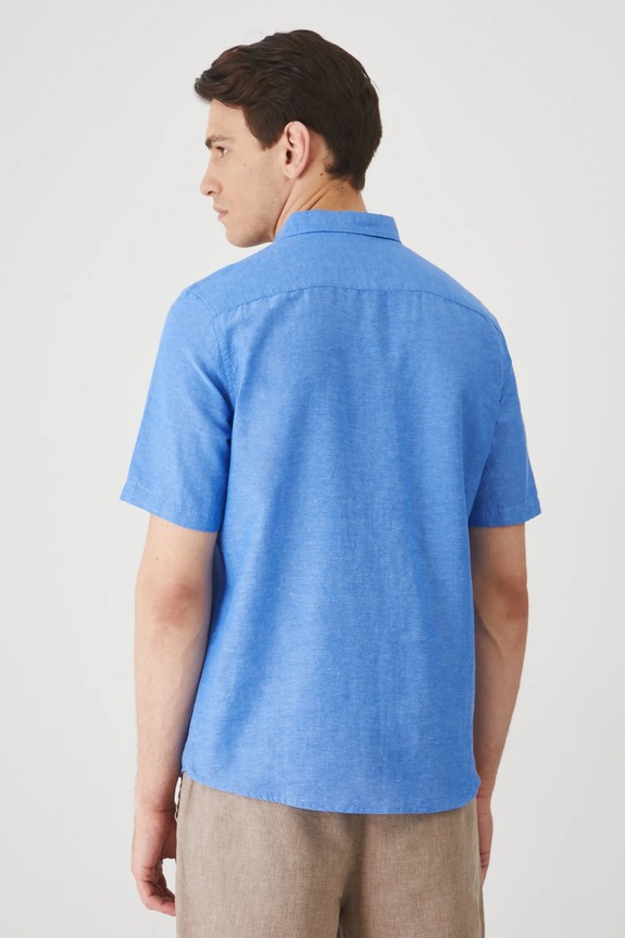 Odzież Koszula z lnem męska z kołnierzykiem button-down kolor niebieski RS25-KKM070 niebieski