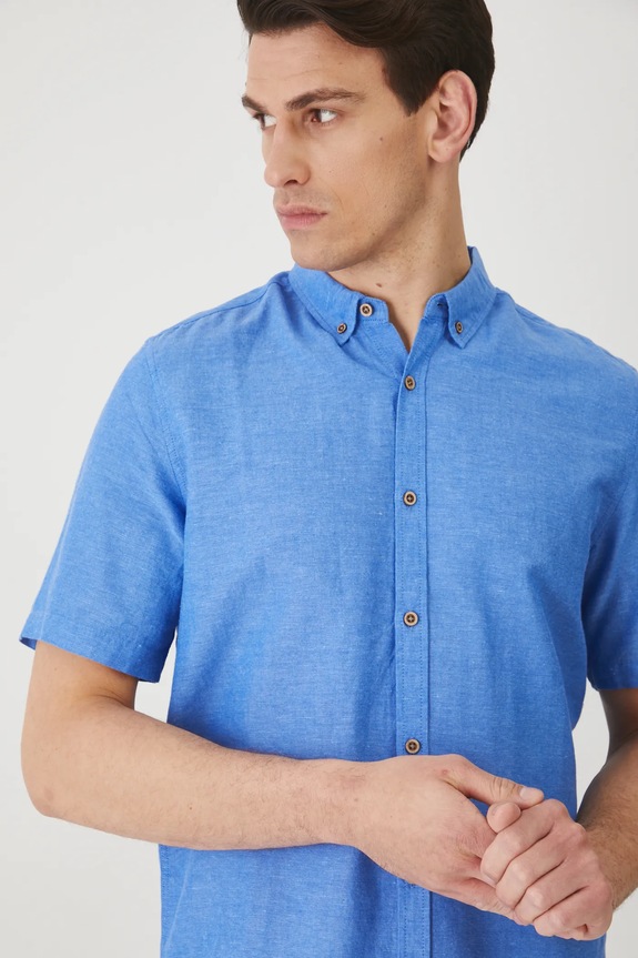 Koszula z lnem męska z kołnierzykiem button-down kolor niebieski niebieski RS25-KKM070