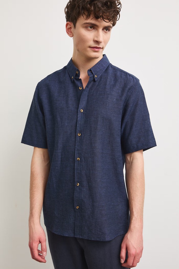 Koszula lniana męska z kołnierzykiem button-down kolor granatowy regular granatowy RS25-KKM070