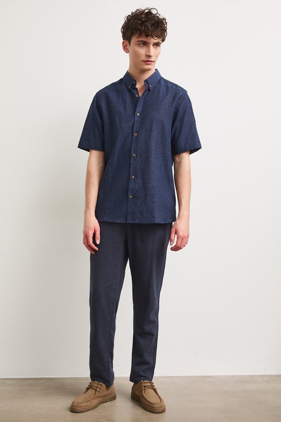 Koszula lniana męska z kołnierzykiem button-down kolor granatowy RS25-KKM070 granatowy RS25