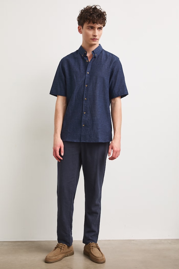 Koszula lniana męska z kołnierzykiem button-down kolor granatowy RS25-KKM070 granatowy RS25