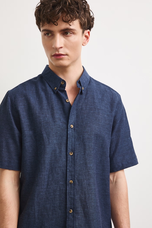 Odzież Koszula lniana męska z kołnierzykiem button-down kolor granatowy RS25-KKM070 granatowy