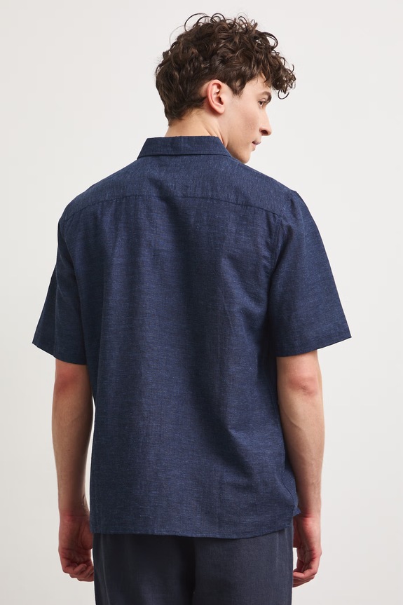Koszula lniana męska z kołnierzykiem button-down kolor granatowy granatowy RS25-KKM070