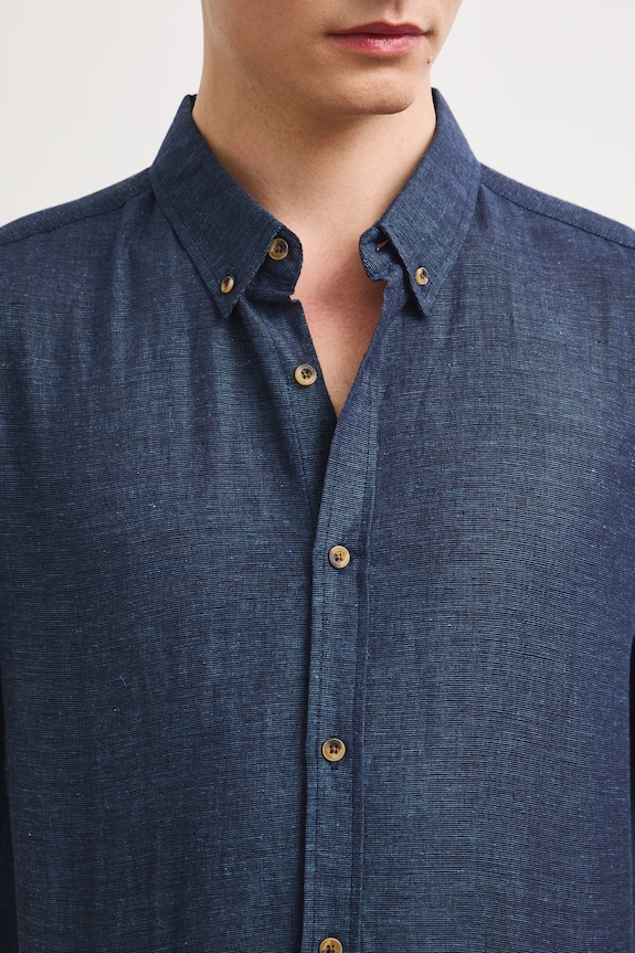 Koszula lniana męska z kołnierzykiem button-down kolor granatowy RS25-KKM070 granatowy
