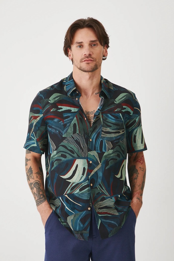 Koszula z domieszką lnu męska z kołnierzykiem klasycznym wzorzysta kolor multicolor RS25-KKMA10 multicolor RS25