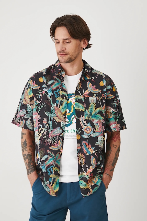 Koszula z lnem męska z kołnierzykiem klasycznym wzorzysta kolor czarny casual czarny RS25-KKMA13