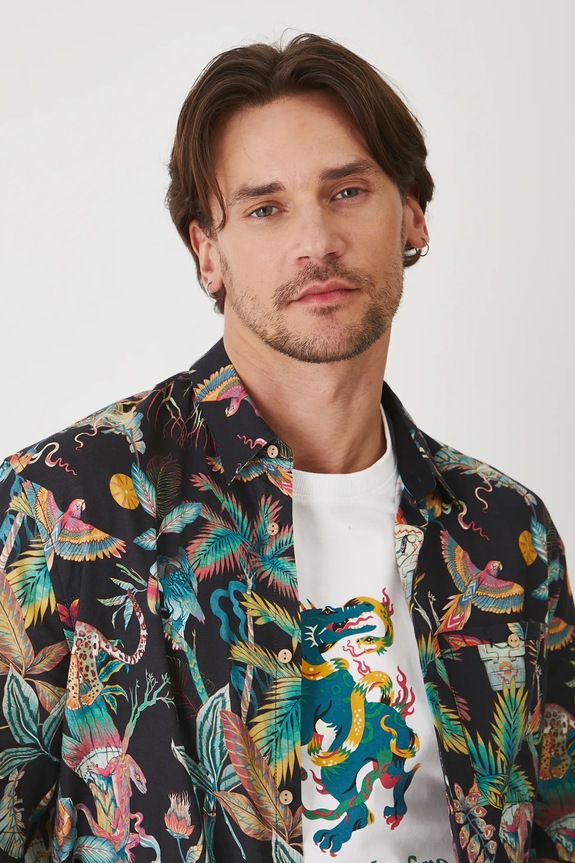 Koszula z lnem męska z kołnierzykiem klasycznym wzorzysta kolor czarny czarny RS25-KKMA13